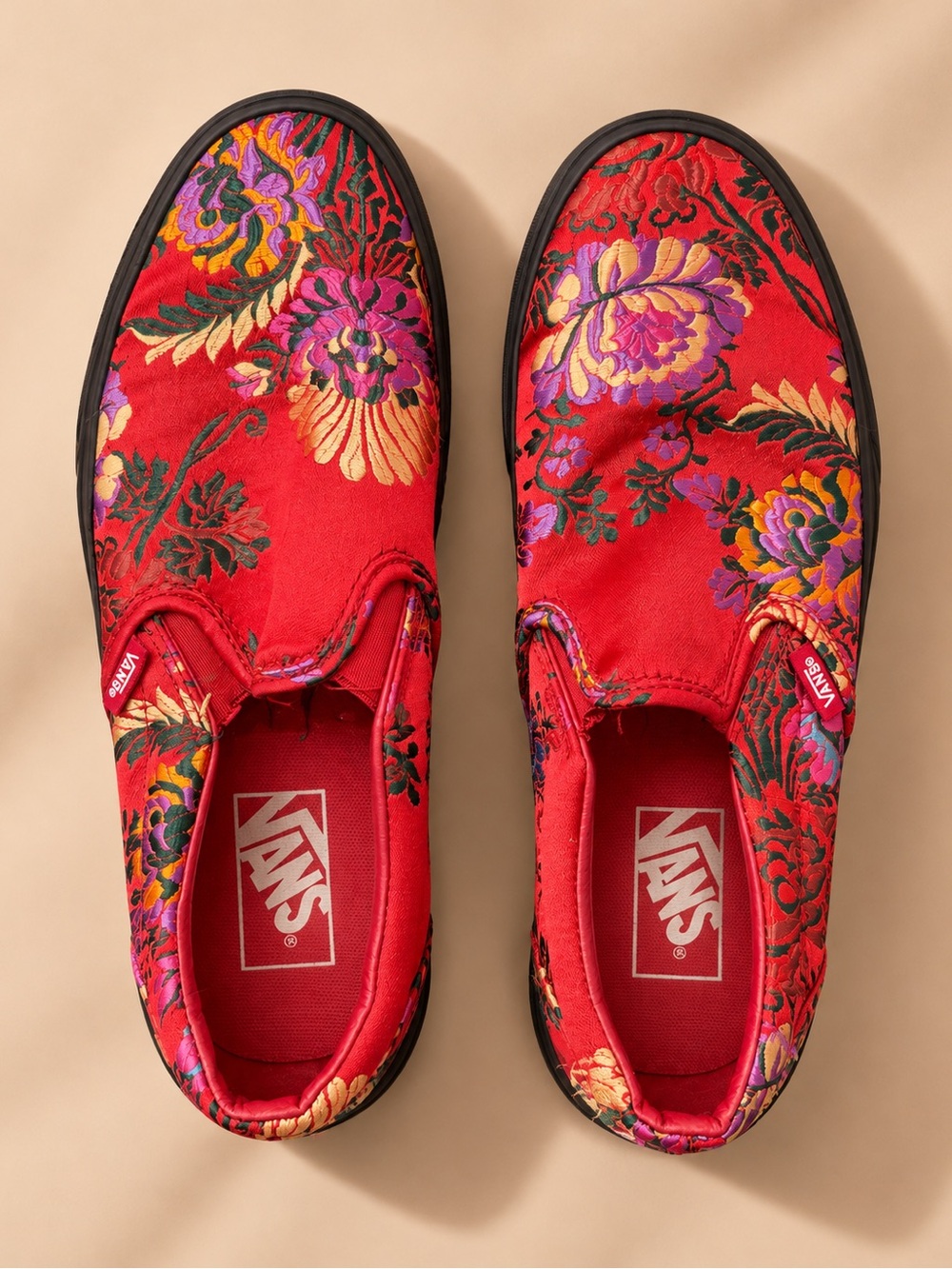 Vans Women's Slip-On Floral Brocade Sneakers - Red with Purple & Gold Accents